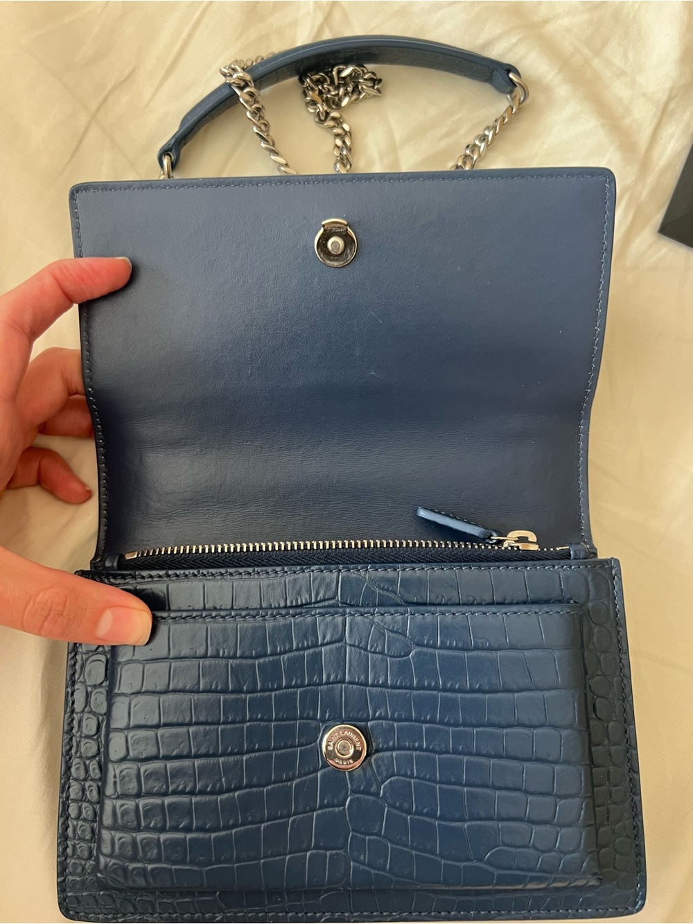 Saint Laurent Small Sunset Bag in Denim Blue Croc-Embossed Leather - Picture 10 of 16